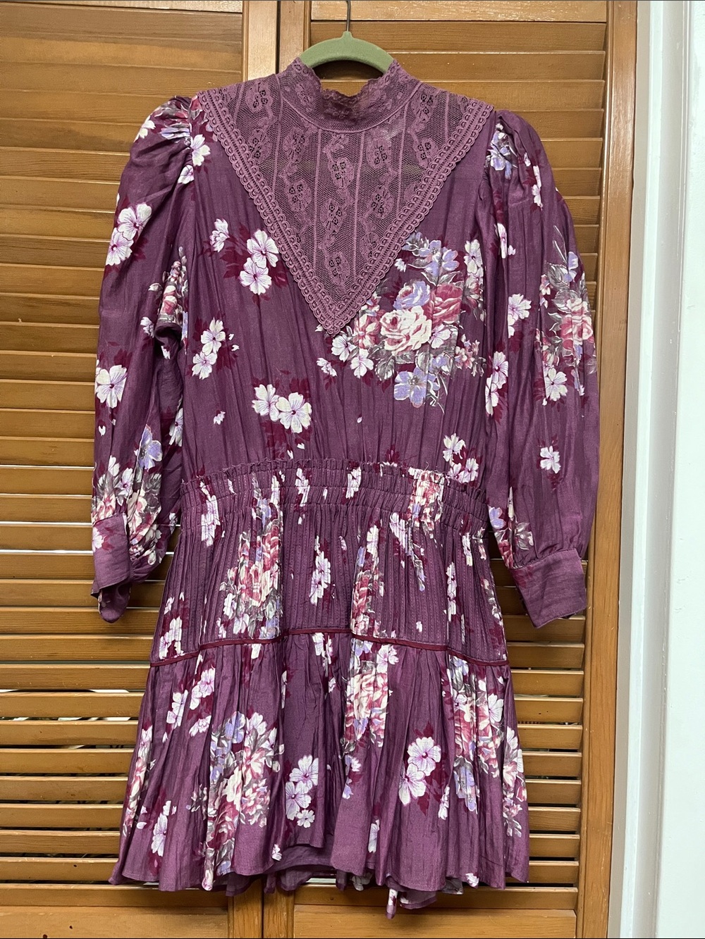 LoveShackFancy Plum Floral Lace-Trim Mini Dress